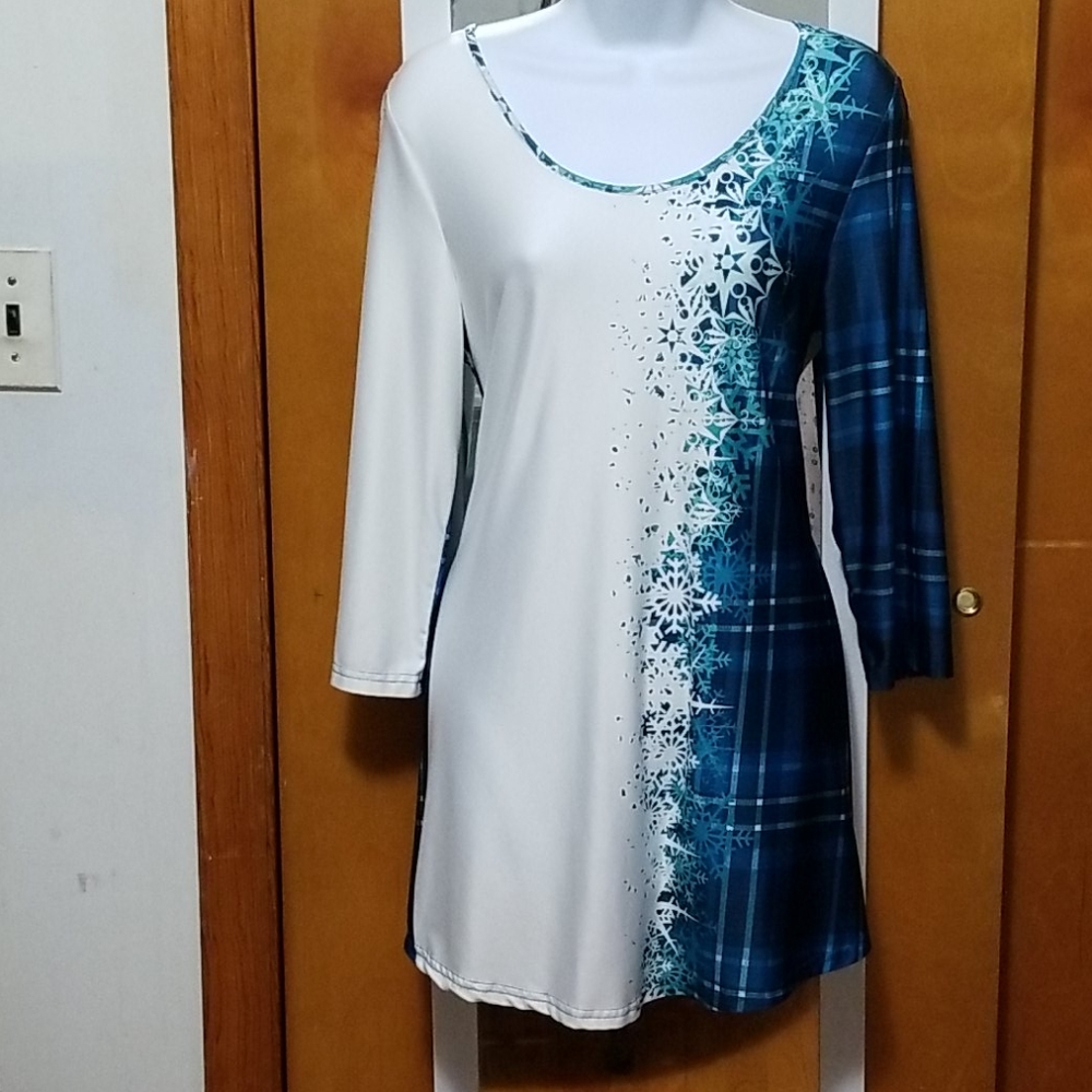 *NWOT* Blue & white snowflake & plaid tunic
